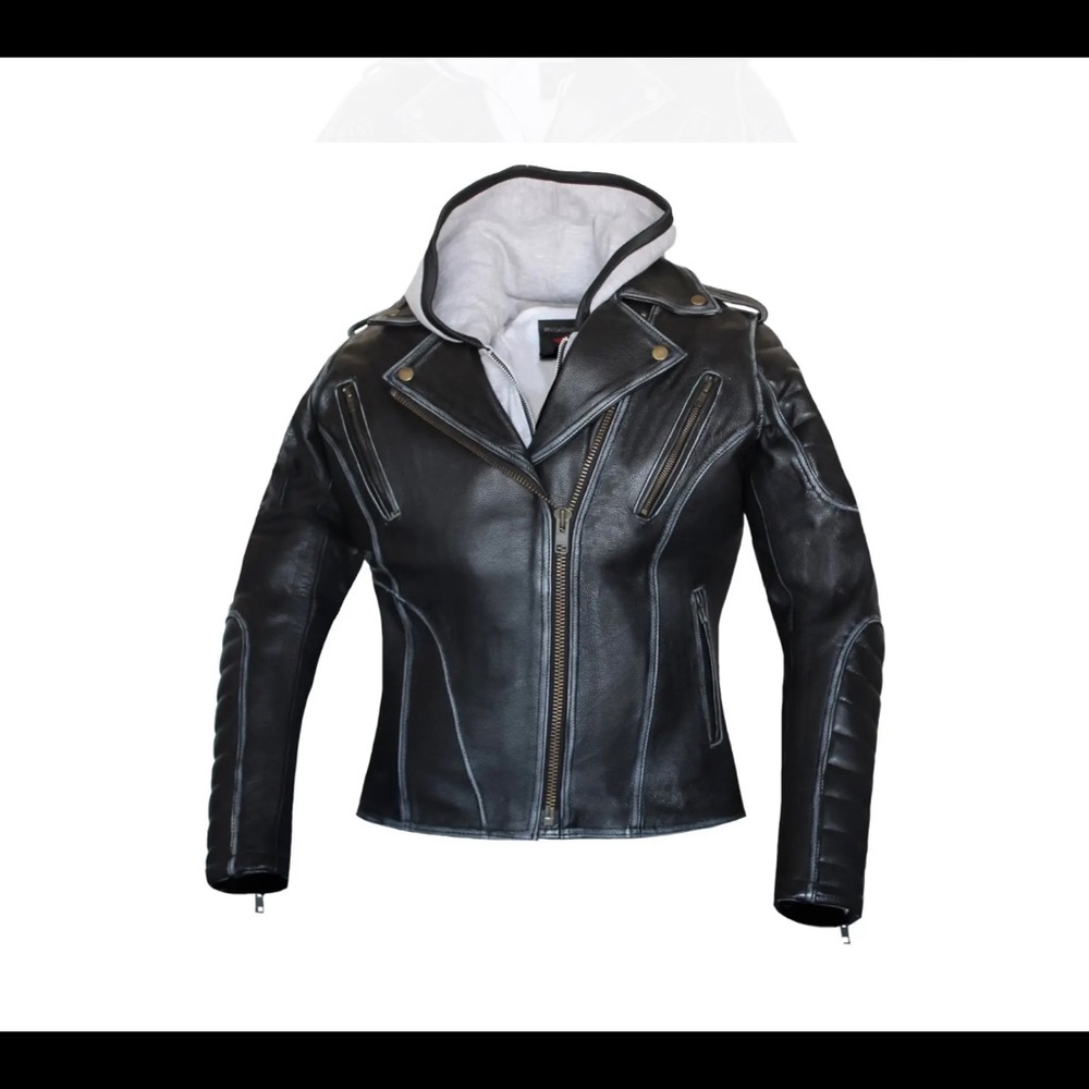 Women Removable Hoodie Motorcycle Leather Concealed Carry Jacket Biker Jacket